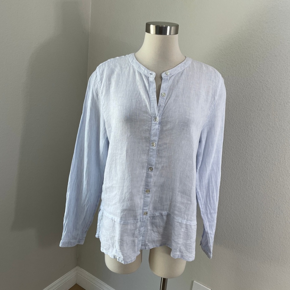 Sigrid‎ Olsen Womens Large Blue White Pinstripe 100% Linen Button Front Blouse